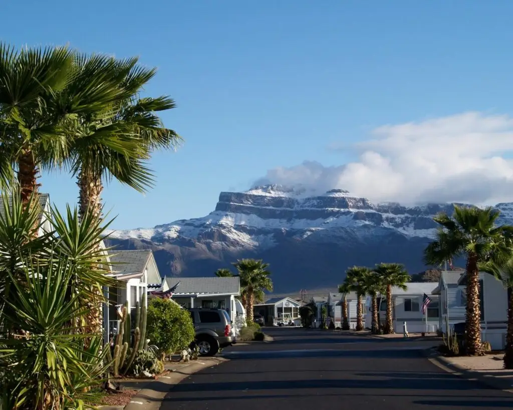 Mobile homes line a street with palm trees on both sides, leading towards the majestic Gold Canyon mountain range, its snow-capped peaks glistening under a clear blue sky.