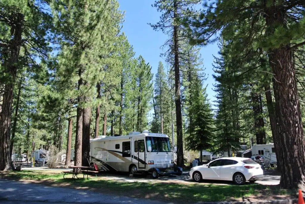 At Coachland, an RV and a white car are nestled at a tranquil forested campsite with towering trees and a cozy picnic table nearby.