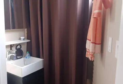 A small bathroom in a Chariot Eagle mobile home features a sink, a mirror cabinet, and an inviting brown shower curtain. Bright orange towels hang neatly on the rack, adding a pop of color to this cozy 2010 space.