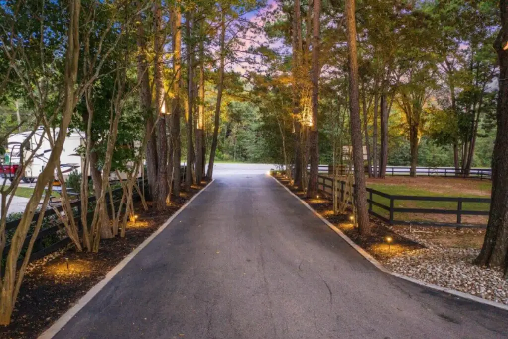 A paved driveway lined with tall trees and wooden fencing, illuminated by ground lights, leads into a wooded area at dusk in Willis, Texas.