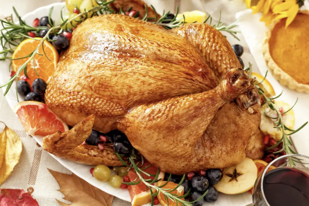 Roasted turkey on a platter, surrounded by fruit slices like apples, oranges, and grapes, garnished with rosemary for a perfect Thanksgiving feast. A glass of red wine and a slice of pie are nearby, with autumn leaves visible—it's the essence of a cozy lakeside retreat.