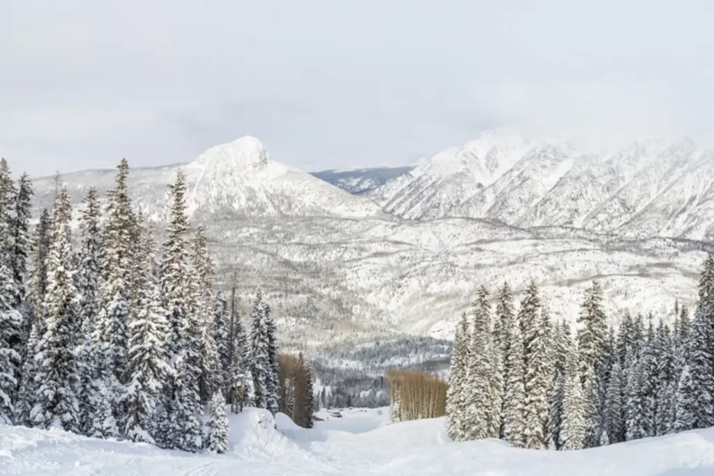 The off-season reveals a snow-covered landscape with pine trees and mountains under a cloudy sky, perfect for a winter RV escape in Durango.