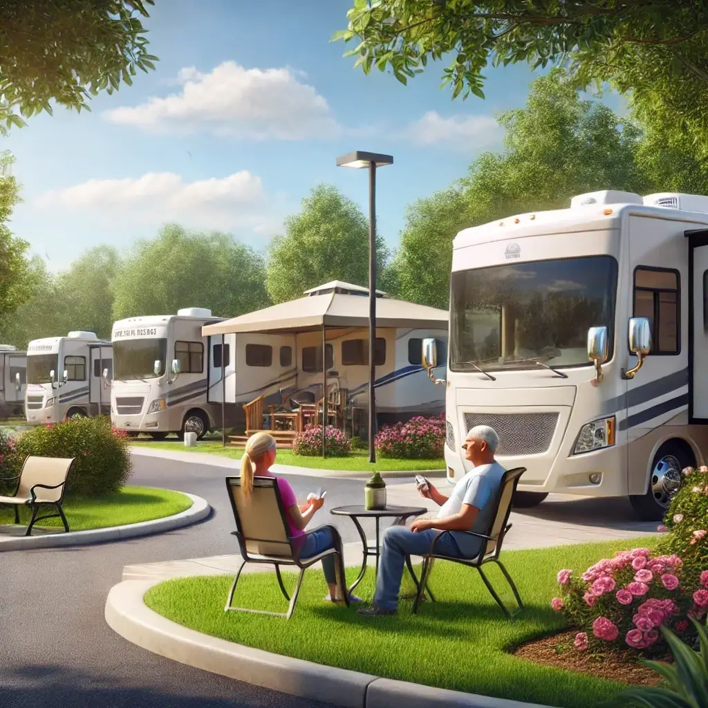 A couple sits at a table in the landscaped Rayford Crossing RV park, enjoying comfort and convenience amid motorhomes and greenery on a sunny day.