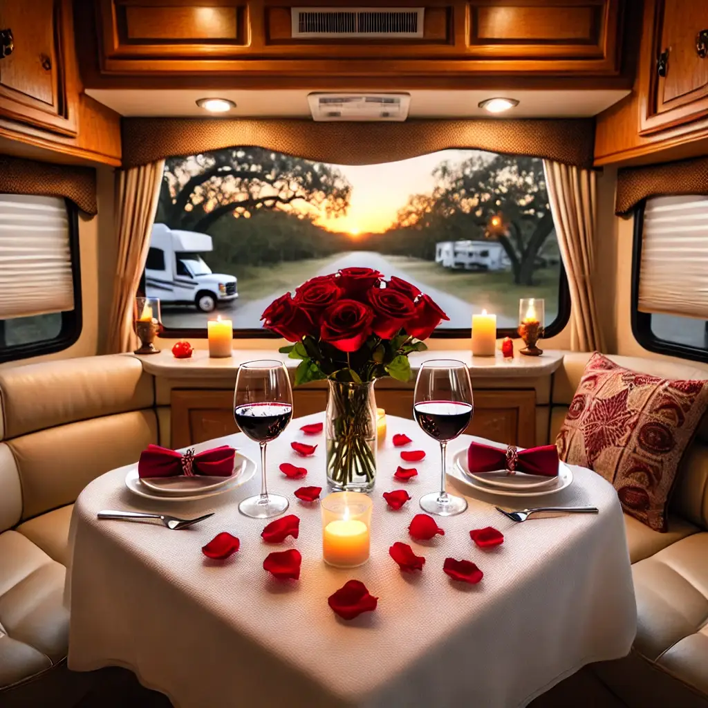 A romantic dinner setup inside an RV, perfect for long-term RVing, features a table with two glasses of red wine, a vase of red roses, red napkins, candles, and scattered rose petals. The window frames a picturesque outdoor scene.