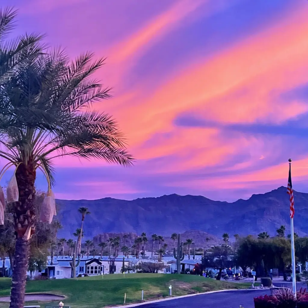 A colorful sunset sky with pink and purple hues casts a serene glow over the mountains and palm trees, with a flagpole in the foreground. Houses line the street, reminiscent of a tranquil evening in Gold Canyon.