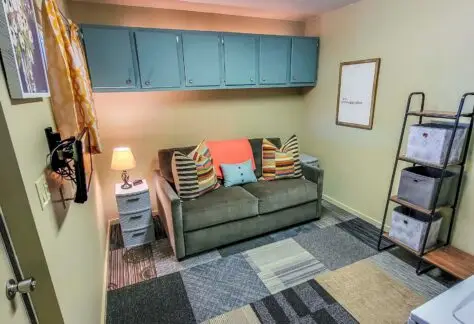 A cozy Chariot Eagle-themed room featuring a gray sofa with colorful pillows, a patterned rug, wall cabinets, a small lamp on a side table, and a framed picture reminiscent of 1998 adorns the wall.