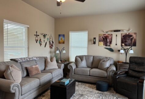 A cozy living room in Lot 309, featuring two gray sofas, a black recliner by Cavco, a ceiling fan, decorative wall art from 2015, and various decor items.