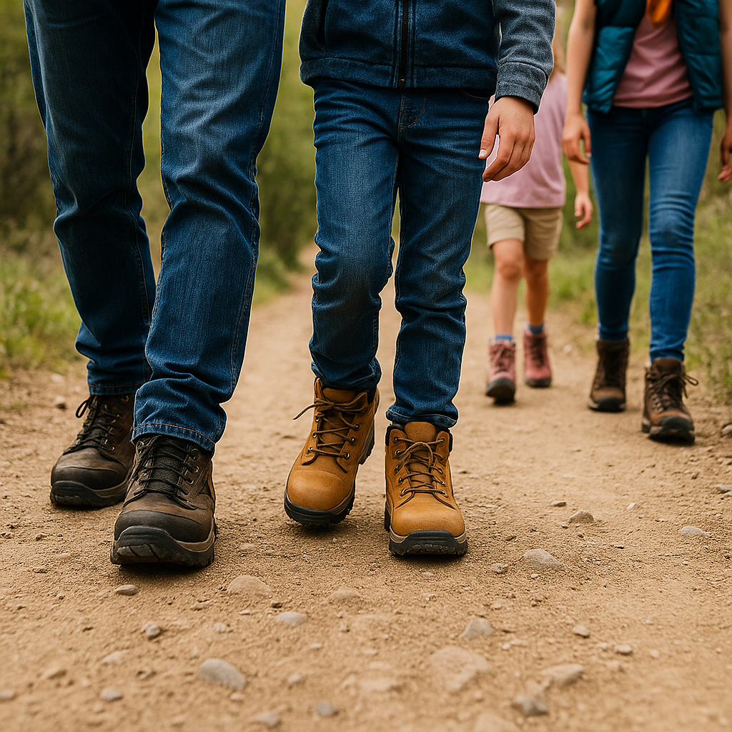 Close-up of four people walking on a dirt trail, focusing on their legs and boots. The group explores hidden hikes outdoors, possibly setting out from nearby Willis RV sites.