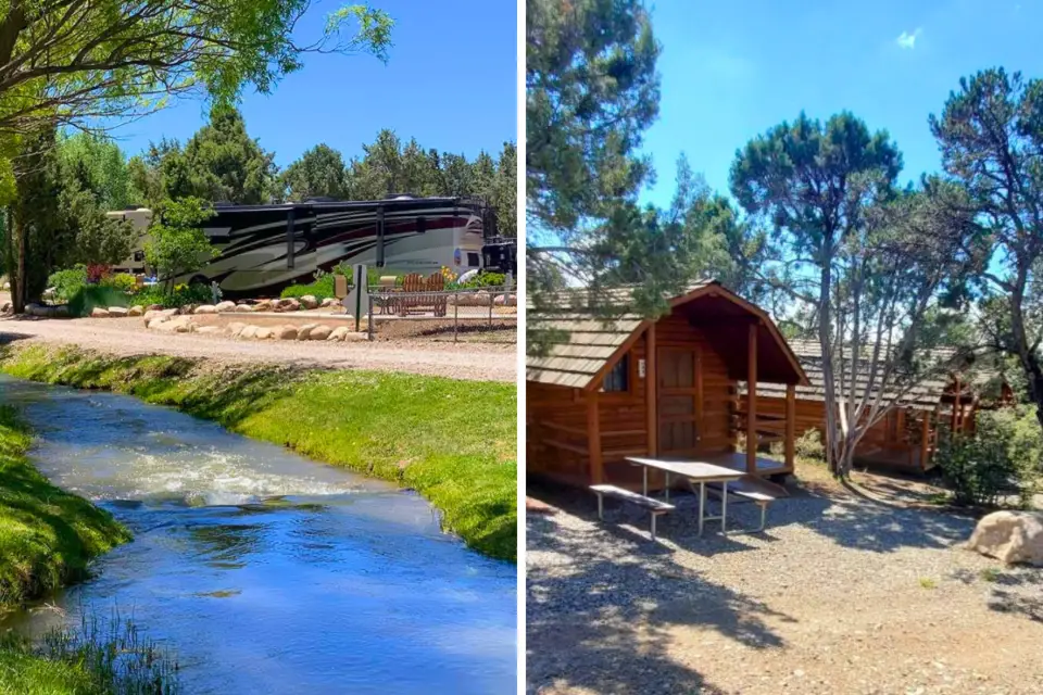 Split image: Left features a camper near a tranquil creek in Durango, surrounded by lush trees. Right reveals a cozy wooden cabin with a picnic table, set in a similar forested area—your ultimate guide to spring adventures awaits.