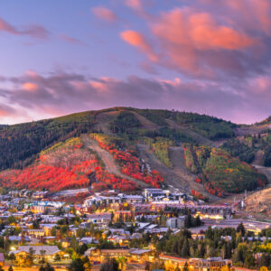 Park City, Utah, USA downtown in autumn at dusk.