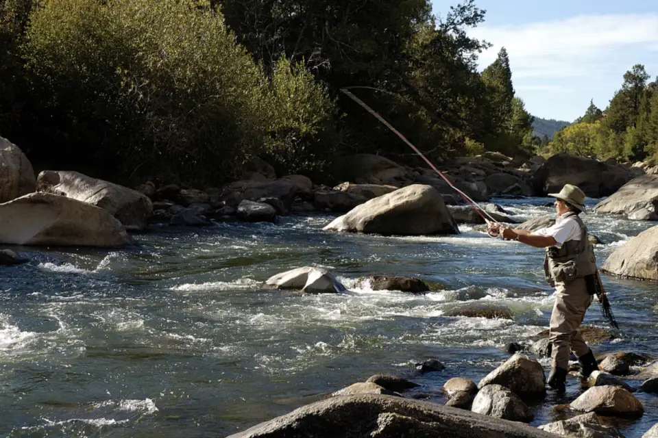 A person is fly-fishing in a rocky river near Durango, surrounded by trees and hills on a sunny day, perfect for outdoor adventures like mountain biking.