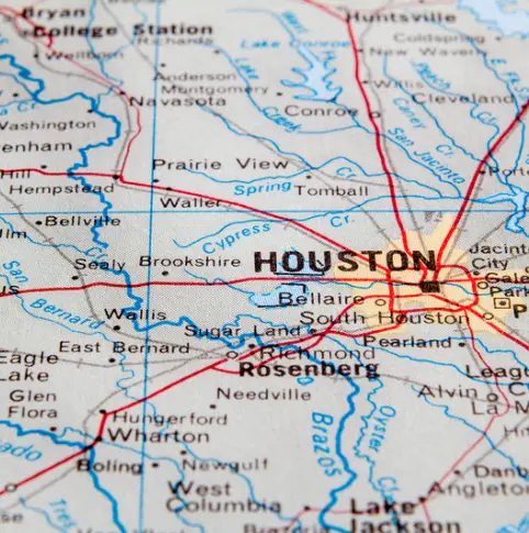 Close-up of a map highlighting Houston and surrounding areas, showcasing roads and place names like Rosenberg and Prairie View, offering comfort and convenience for Rayford Crossing travelers or Medical Center visitors.