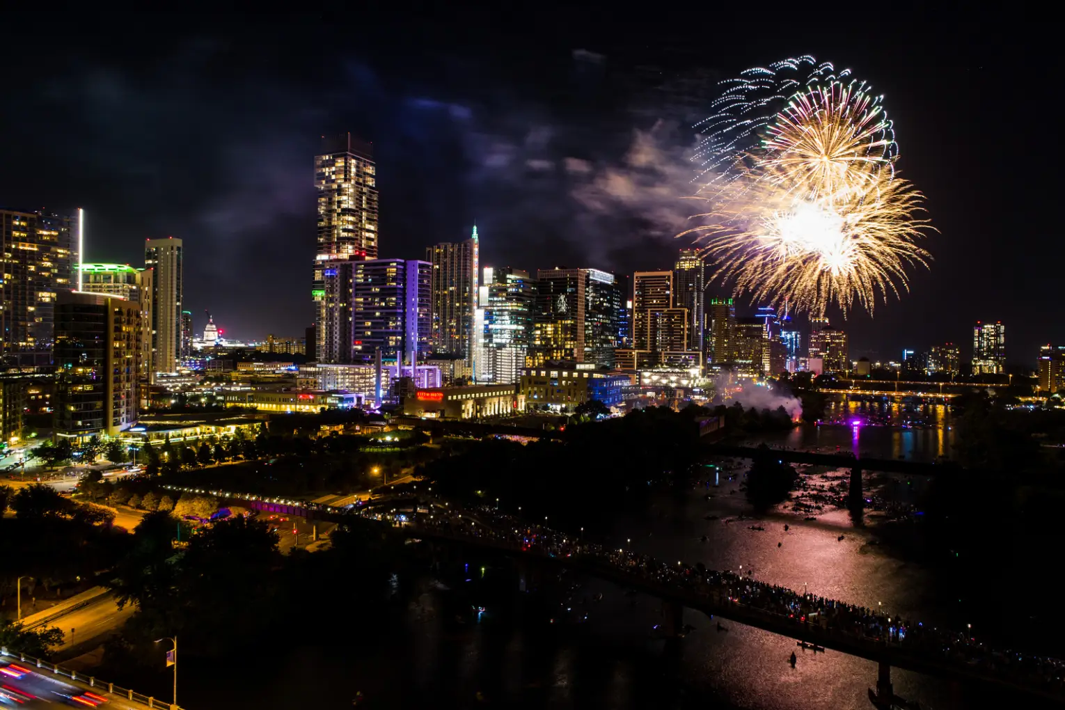 Fireworks light up the night sky over a city skyline with illuminated buildings and a large crowd gathered near a river.