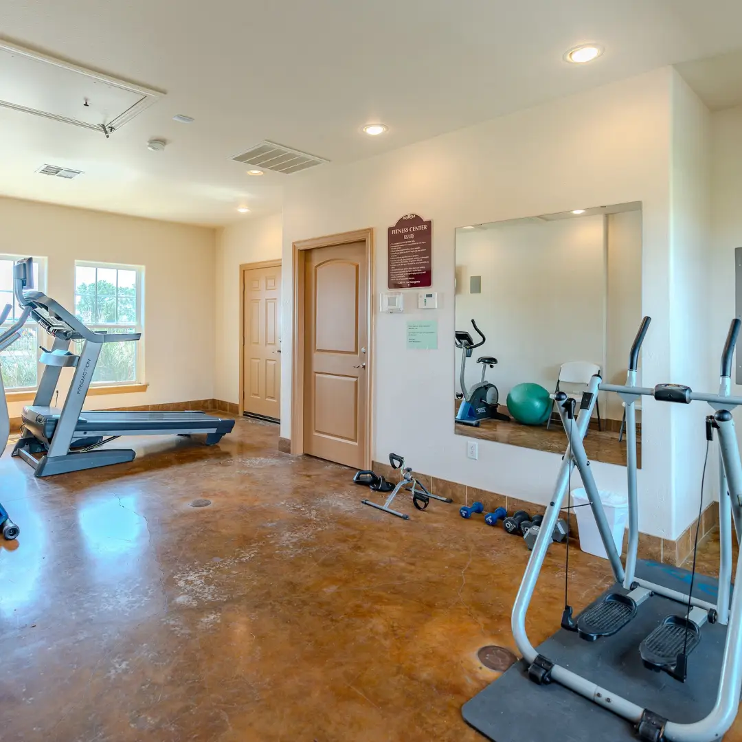Small gym room with a treadmill, elliptical machine, exercise ball, dumbbells, and a large mirror. Tan walls and a window provide natural light for ultimate relaxation during your workout.