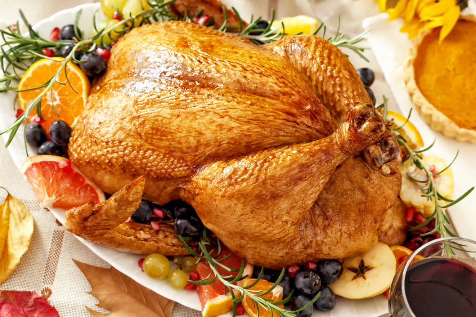 Roast turkey garnished with rosemary, slices of apples, oranges, grapes, and berries on a white platter, accompanied by a glass of red wine and part of a pumpkin pie—perfect for Thanksgiving getaways at Oak Forest RV Resort.