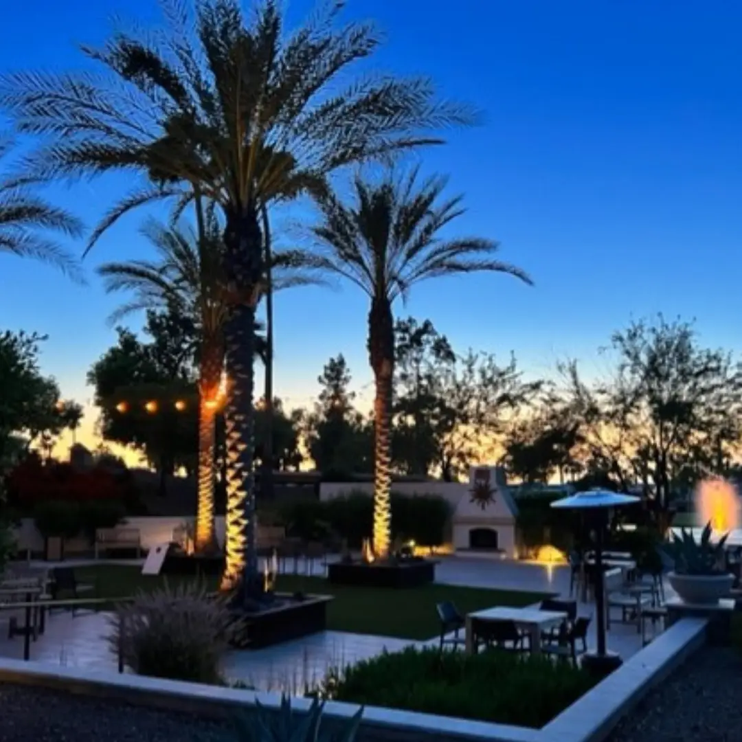 A patio area with chairs and tables is nestled among palm trees in the Arizona sunset. String lights glimmer above, while a fireplace warms the scene—a perfect spot for winter visitors to enjoy. Consider early booking to secure your serene escape.