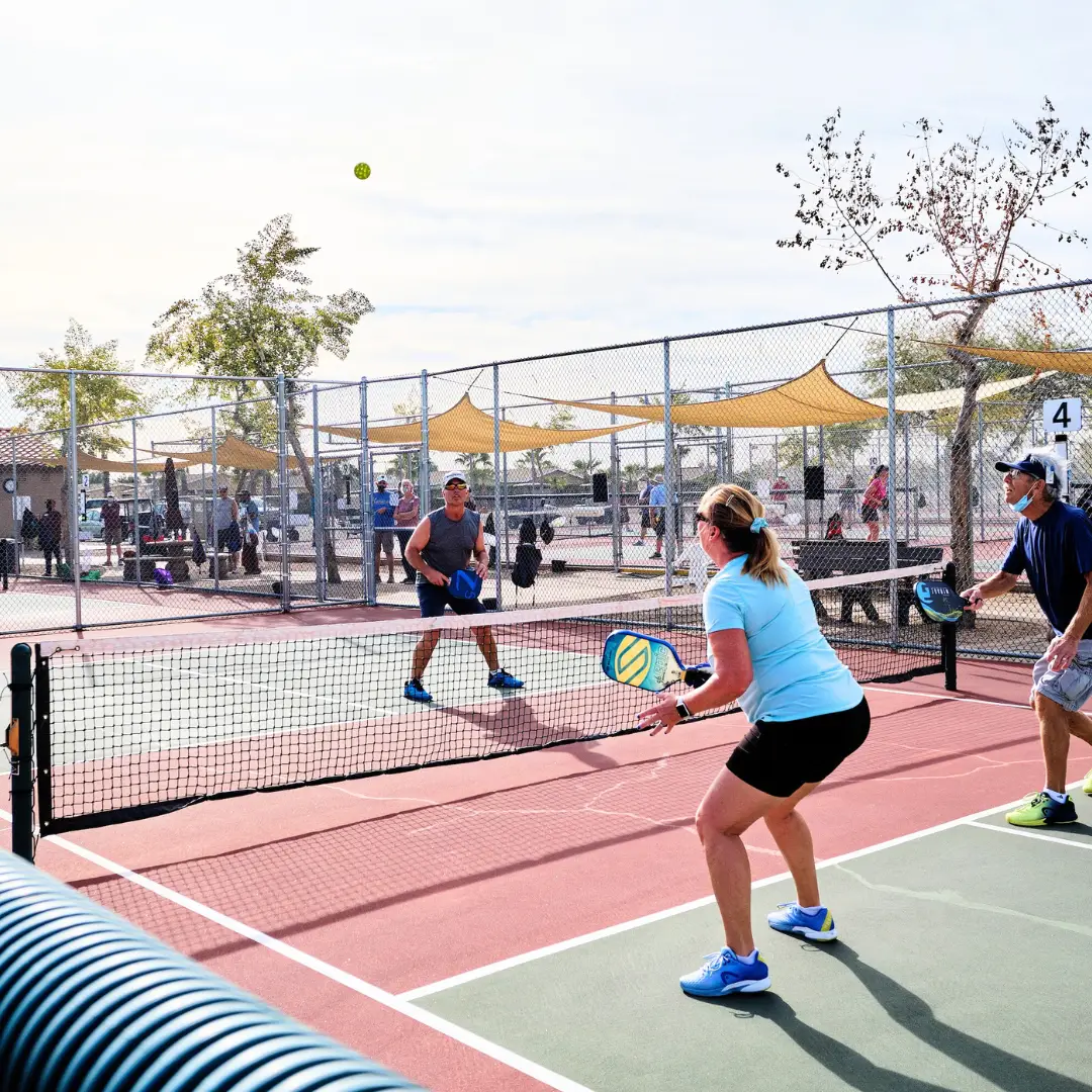 Four people engaged in a lively pickleball match at Pueblo El Mirage, with a mesh fence and trees creating a picturesque backdrop on this crisp January day, enjoying one of the many activities that the area has to offer.