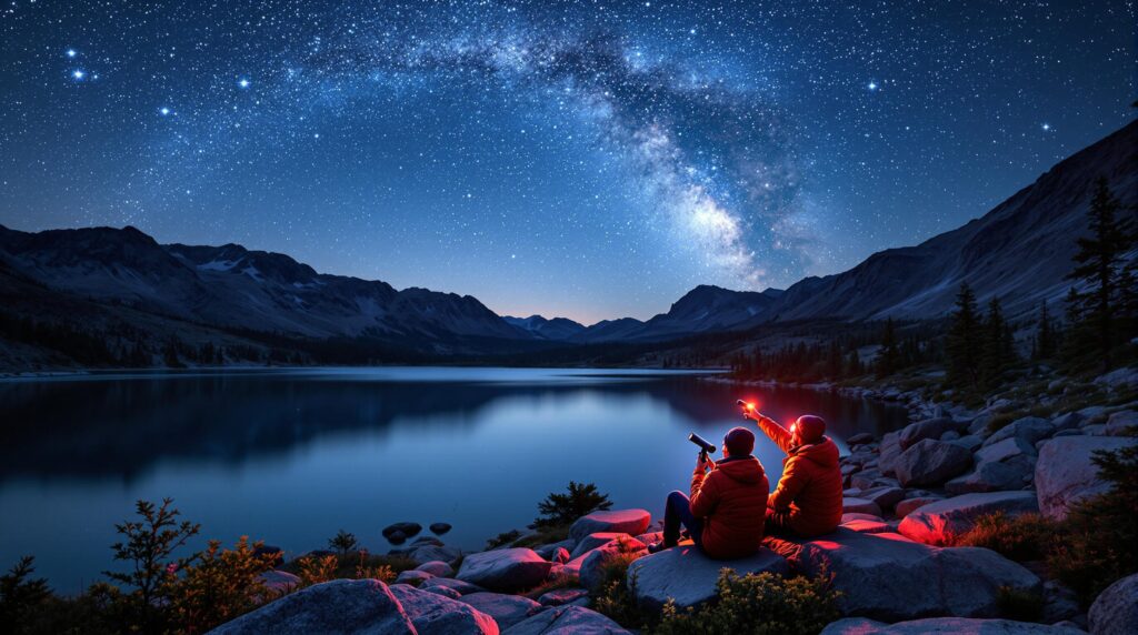 Three campers bundled in jackets stargazing by an alpine lake under a clear night sky filled with stars and the Milky Way, surrounded by wildflowers and fir trees in the mountains.