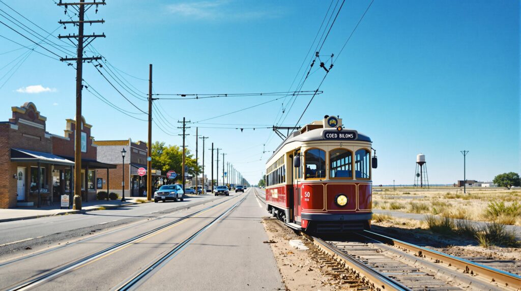Vintage maroon and cream electric streetcar travels along a wide Texas boulevard lined with brick storefronts, utility poles, and prairie grass under a clear blue sky.