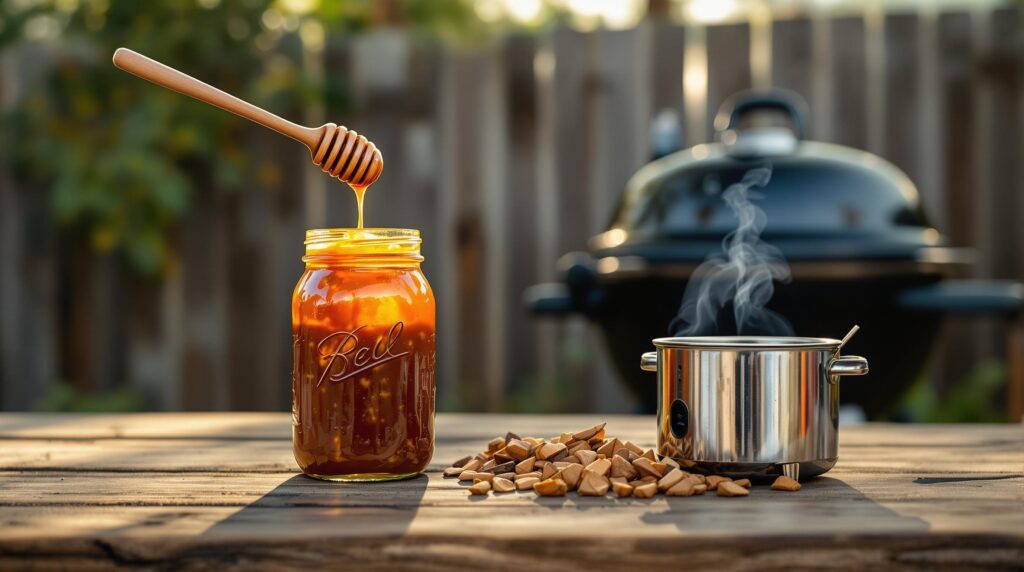 Close-up of a mason jar filled with smoked barbecue sauce and a honey dipper dripping sauce, next to a small bee smoker and wood chips on a rustic picnic table, with a kettle grill and cedar fence softly blurred in the background, evoking an East Austin backyard barbecue atmosphere.