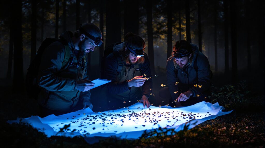 Three people count moths at night in a pine forest, using a glowing UV lamp and white sheet, with misty trees in the background.