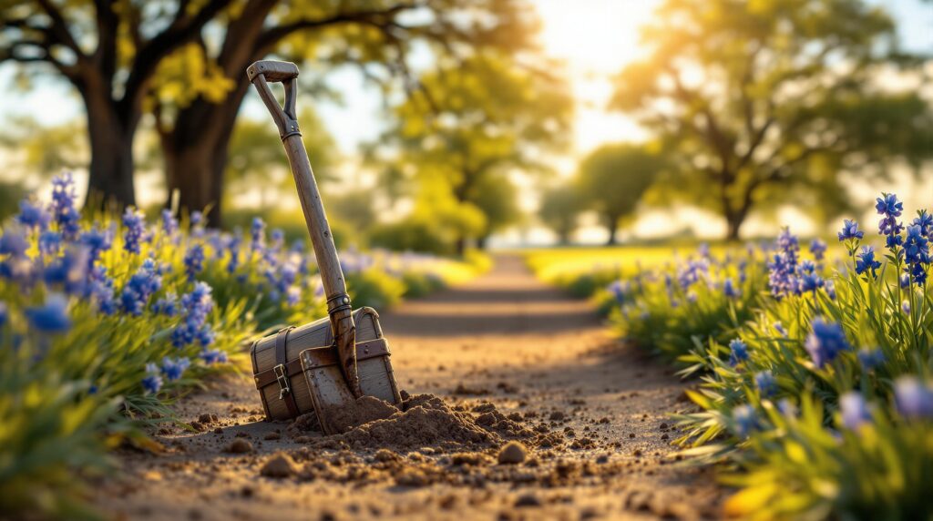Old shovel and partially uncovered wooden chest beside a rural dirt road lined with bluebonnets and oak trees in springtime, warm sunlight and open fields in the background