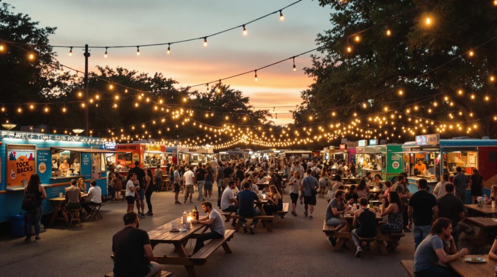 People gather around colorful food trucks and picnic tables under string lights at a lively outdoor food truck park in East Austin during sunset.