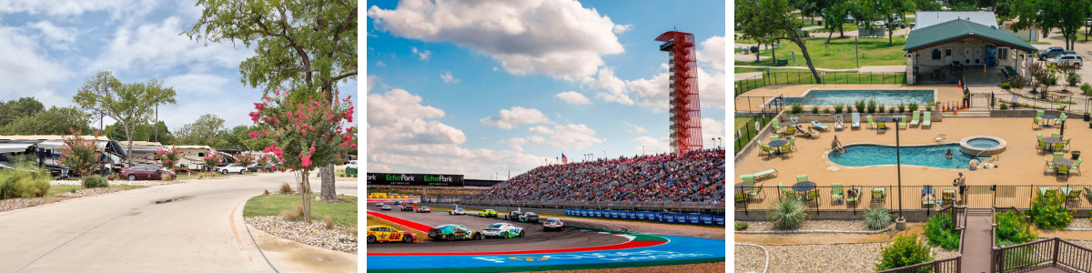 3 photos of rv resort, pool, and COTA