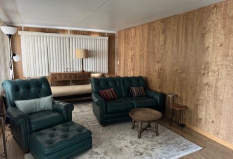 Living room with wood-paneled walls, green tufted leather armchair and sofa, round coffee table, area rug, and a wooden sideboard with a lamp and blinds in the background.