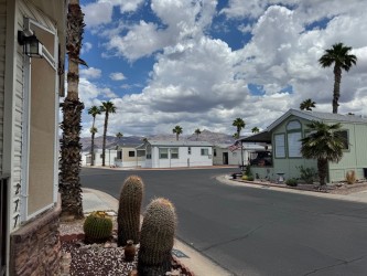 A residential street in a trailer park with palm trees, cacti, and manufactured homes under a partly cloudy sky.