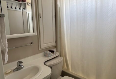 Small bathroom with a white sink, toilet, and tub behind a shower curtain. Mirror, towel rack, and cabinet are visible above the counter. Box of tissues is on the toilet tank.