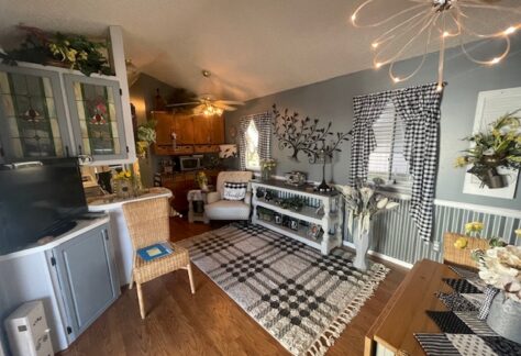 Cozy living room with wood floor, plaid rug, wicker chairs, shelves, wall decor, and checkered curtains. Soft lighting and greenery complete the decor.
