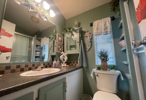 A small bathroom with green walls, a sink, mirror, and decorative elements including plants and seashell accents. Towels are neatly arranged and light fixtures illuminate the space.