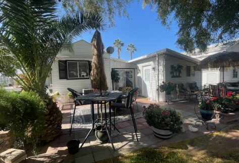 A patio with potted plants, palm trees, and outdoor furniture on a sunny day. A white house and other similar structures are in the background.