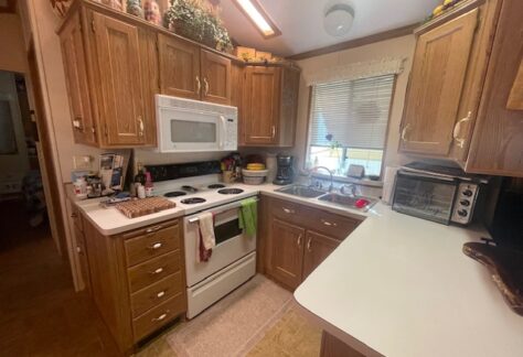 A small kitchen with wooden cabinets, white countertops, an electric stove with oven, a microwave, toaster oven, and a window above the sink with plants on the sill.