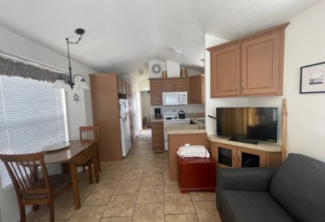 A small, tidy kitchen and living area with a dining table, wooden cabinets, microwave, TV, and a gray couch, all under a vaulted ceiling with tile flooring.