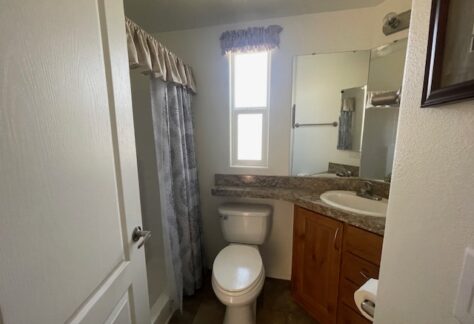 Small bathroom with a shower and curtain on the left, a toilet in the center, a wooden vanity with sink on the right, and a window above the toilet.