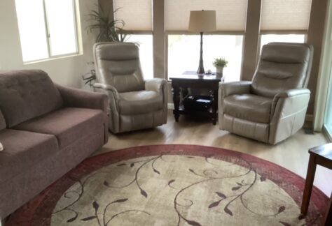 A living room with a brown sofa, two beige recliners, a round rug with a floral pattern, a side table with a lamp, and large windows with blinds.