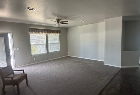 Empty living room with gray carpet, light gray walls, two windows with blinds and valance, ceiling fan, single chair, and a built-in wall niche. Door is visible on the left.
