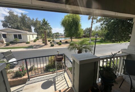 View from a porch overlooking a quiet street with a golf cart, palm trees, houses, and a distant lake under a sunny sky.